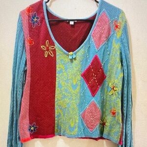 Colorblock Floral V-Neck Sweater in Teal, Red & Pink